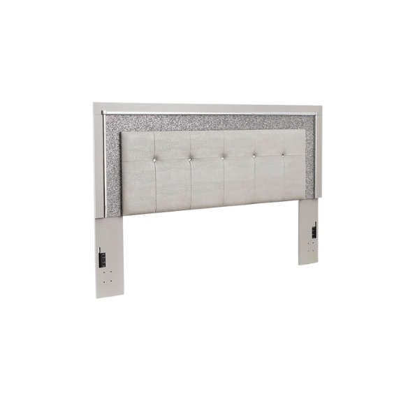 Opulent Silver Upholstered Panel King Bed Set with Metallic Gator Finish and Faceted Chrome-Tone Nightstands