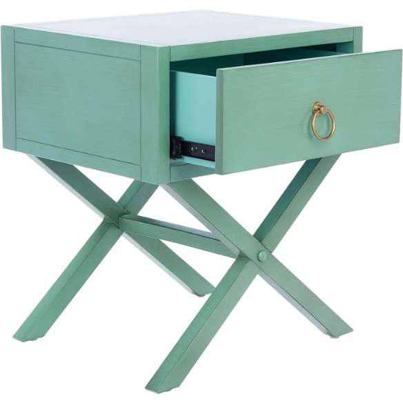 1-Drawer Nightstand – Classic Campaign Style with Contemporary Chic, Acacia Wood Frame, Cross-Base Design, Bold Finish, Gold Drawer Pull, Perfect for Modern Bedrooms