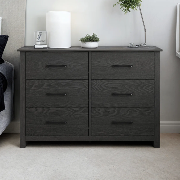 Modern 6-Drawer Double Dresser with Flared Feet and Sleek Black Metal Handles