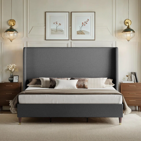 Queen Size Sleek and Minimalist Upholstered Platform Bed with Soft Linen Fabric – Elegant and Modern Design