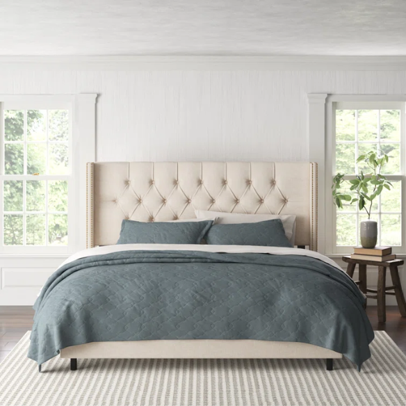 Timeless Upholstered Wingback King Size Bed with Button Tufting and Nailhead Trim