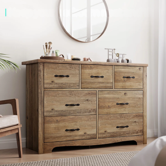 French Country-Inspired 47.2" 7-Drawer Double Dresser with Scalloped Apron and Elegant Metal Handles