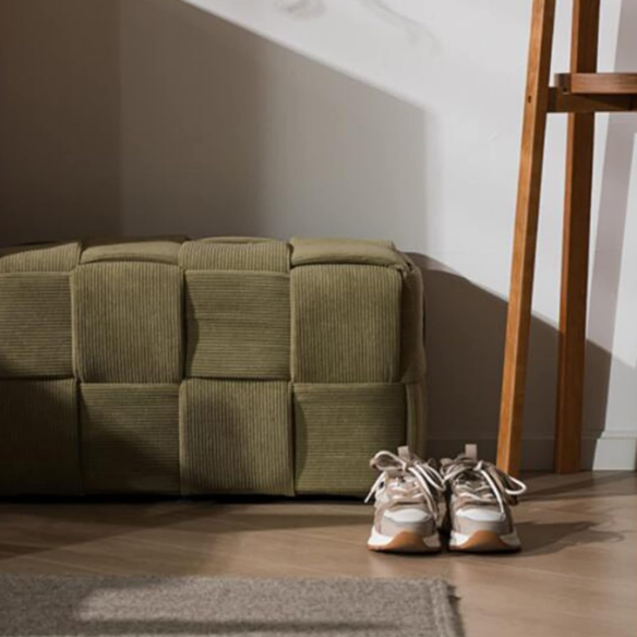 Olive Green Velvet Ottoman - Modern Square Woven Footrest with Resilient Sponge Filling