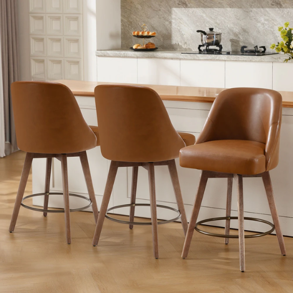 Modern Counter Height Swivel Bar Stool – Upholstered Faux Leather/Polyester Blend Seat, Solid Beech Wood Frame, Ergonomic High Back, Bronze Metal Footrest, 300lb Capacity for Kitchen, Bar, or Pub