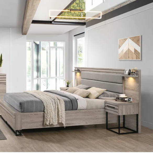 Upholstered 5-Piece Bedroom Set with Weathered Gray Finish, LED Piers, and Functional Storage