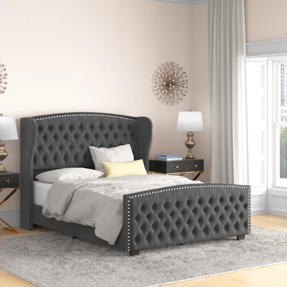 Velvet Queen Size Bed with Button Tufted Upholstery, Nailhead Trim, and Wingback Headboard