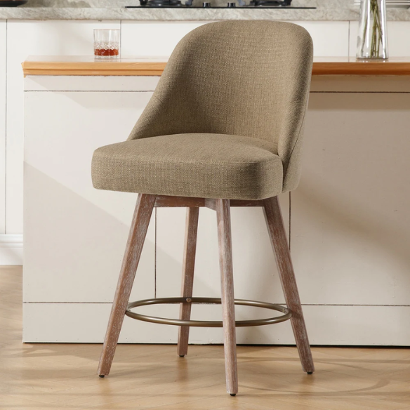 Modern Counter Height Swivel Bar Stool – Upholstered Faux Leather/Polyester Blend Seat, Solid Beech Wood Frame, Ergonomic High Back, Bronze Metal Footrest, 300lb Capacity for Kitchen, Bar, or Pub
