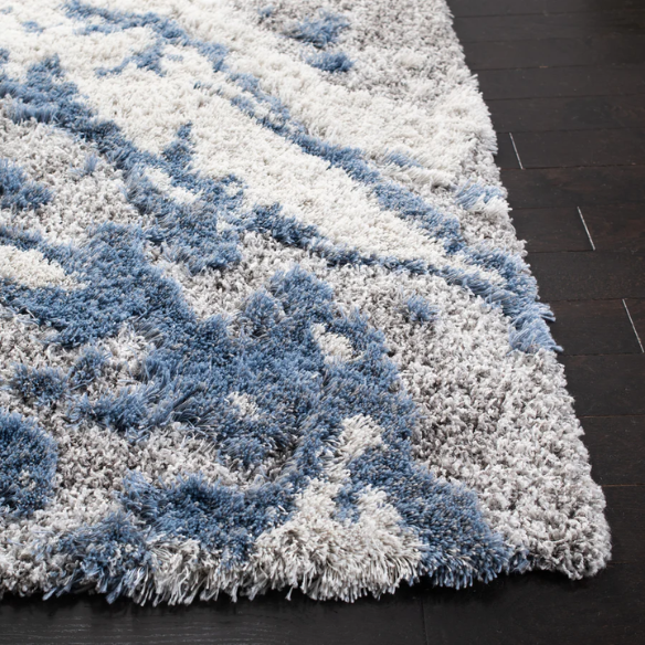 Plush Abstract Blue, Grey, and White Pattern Shag Rug