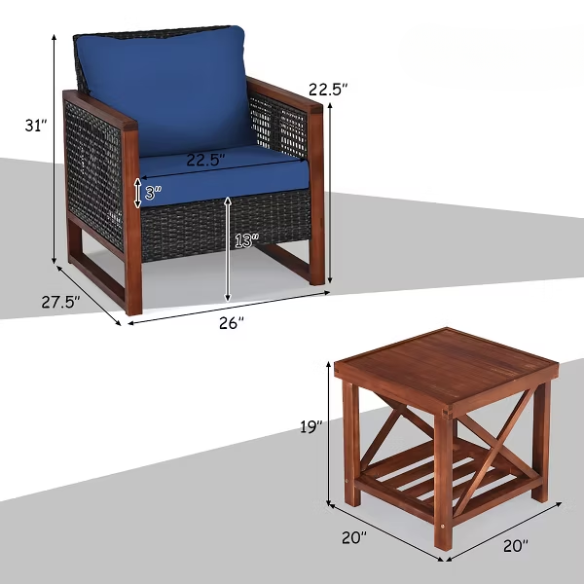3-Piece Patio Wicker Furniture Set | Rattan Outdoor Sofa with Washable Cushions and Acacia Wood Coffee Table | Perfect for Garden and Backyard
