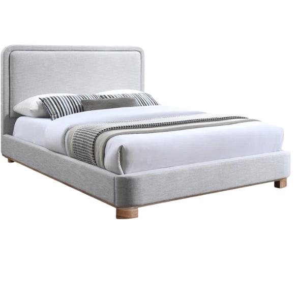 Luxurious Linen Textured Fabric King Size Upholstered Panel Bed with Solid Wood Base