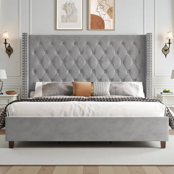 Queen Size Upholstered Velvet Bed – The Epitome of Luxury and Comfort with Majestic 61.4-Inch Extra-High Headboard