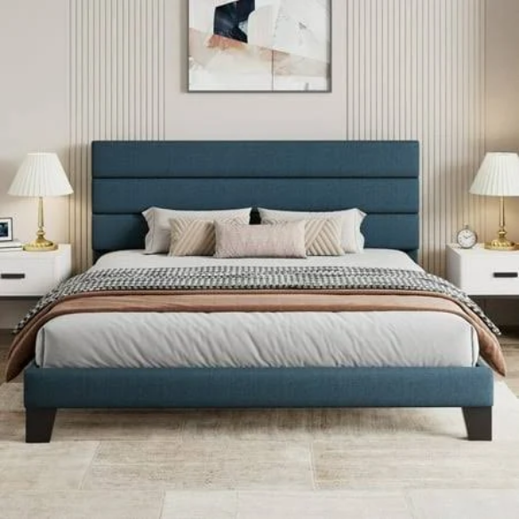 King Size Upholstered Platform Bed with Steel Frame, Foam Padding, and Durable Slat Support