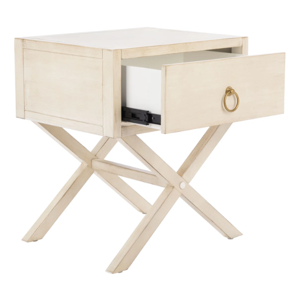 1-Drawer Nightstand – Classic Campaign Style with Contemporary Chic, Acacia Wood Frame, Cross-Base Design, Bold Finish, Gold Drawer Pull, Perfect for Modern Bedrooms
