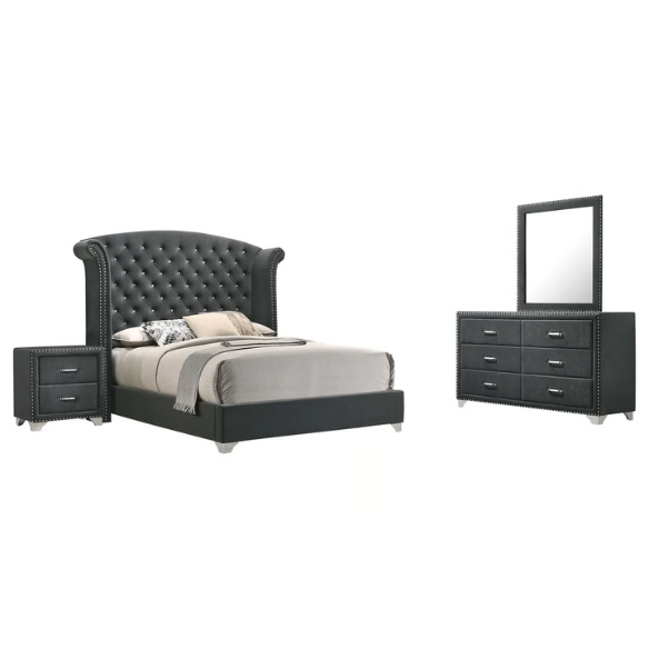 Luxurious 5-Piece Tufted Upholstered Bedroom Set with Wingback Headboard, Nailhead Trim, Velvet Fabric, Dresser, Chest, Nightstand, and Mirror for a Grand and Elegant Sleep Sanctuary
