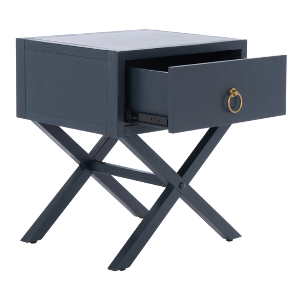 1-Drawer Nightstand – Classic Campaign Style with Contemporary Chic, Acacia Wood Frame, Cross-Base Design, Bold Finish, Gold Drawer Pull, Perfect for Modern Bedrooms