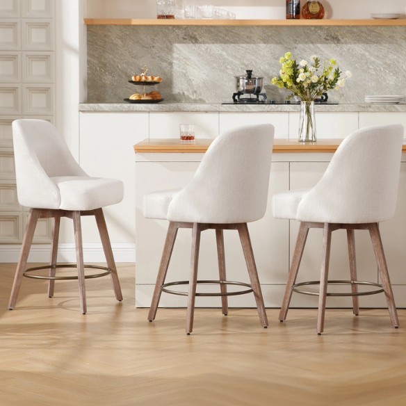 Modern Counter Height Swivel Bar Stool – Upholstered Faux Leather/Polyester Blend Seat, Solid Beech Wood Frame, Ergonomic High Back, Bronze Metal Footrest, 300lb Capacity for Kitchen, Bar, or Pub