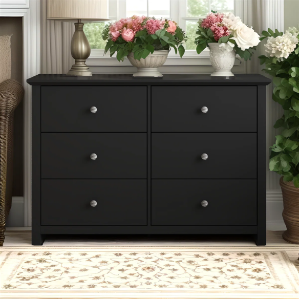 Modern 6-Drawer Double Dresser with Angled Sled Legs and Round Metal Hardware
