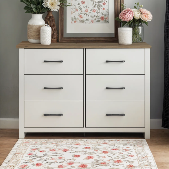 Modern 6-Drawer Double Dresser with Flared Feet and Sleek Black Metal Handles