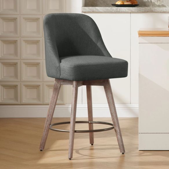 Modern Counter Height Swivel Bar Stool – Upholstered Faux Leather/Polyester Blend Seat, Solid Beech Wood Frame, Ergonomic High Back, Bronze Metal Footrest, 300lb Capacity for Kitchen, Bar, or Pub
