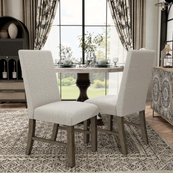 Modern Farmhouse Grey Upholstered Side Dining Chairs (Set of 2) – Neutral Fabric Seating with Wood Frame