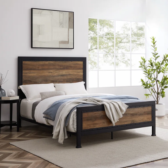 Rustic Industrial Queen Size Bed with Wood-Look Center – Sturdy and Stylish Design