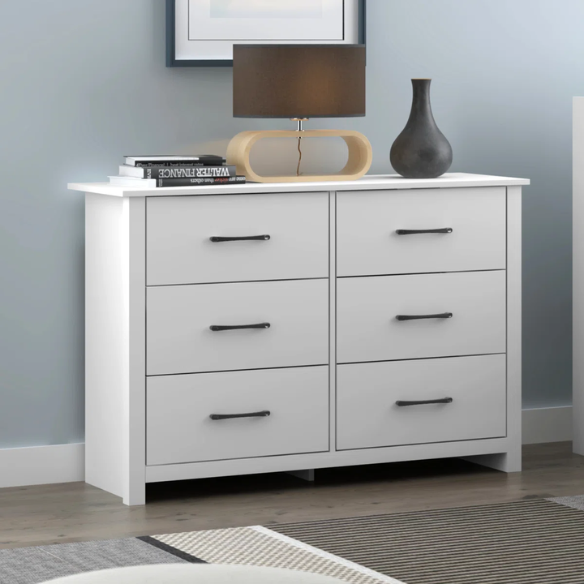 Modern 6-Drawer Double Dresser with Flared Feet and Sleek Black Metal Handles