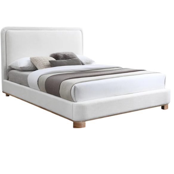 Luxurious Linen Textured Fabric King Size Upholstered Panel Bed with Solid Wood Base