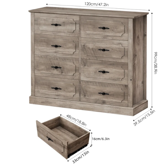 Classic Modern 8-Drawer Double Dresser with Picture Frame Paneling, Decorative Black Metal Handles, and French Country Style