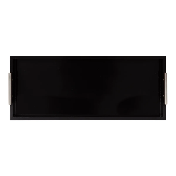 Sleek and Sophisticated Long Rectangular Serving Tray – High Gloss Wood with Polished Metal Handles, Perfect for Entryway, Vanity, or Coffee Table