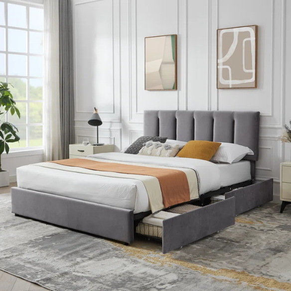 Velvet Upholstered Queen Size Platform Bed with Adjustable Headboard and 4 Storage Drawers