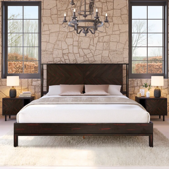 Solid Wood Platform King Size Bed with Headboard and Sturdy Steel Frame, Rustic Design