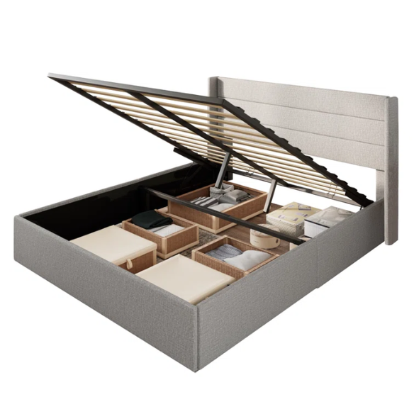 Modern King Size Upholstered Platform Bed with Hydraulic Lift Storage – Sleek Grooved Headboard, Space-Saving Design, and No Box Spring Needed