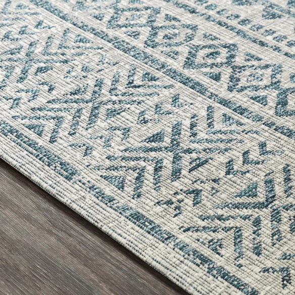Striped Geometric Area Rug – Aqua & Taupe, Durable Polypropylene, Low-Pile Design for High-Traffic Indoor/Outdoor Spaces