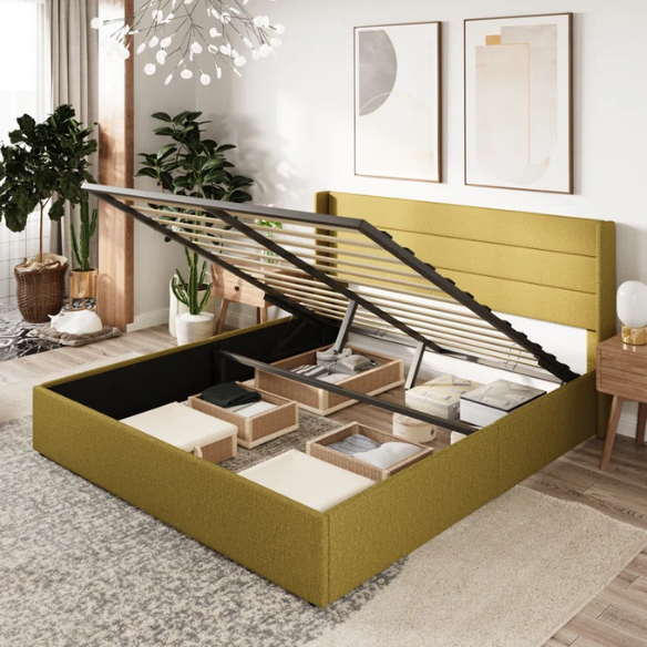 Modern King Size Upholstered Platform Bed with Hydraulic Lift Storage – Sleek Grooved Headboard, Space-Saving Design, and No Box Spring Needed