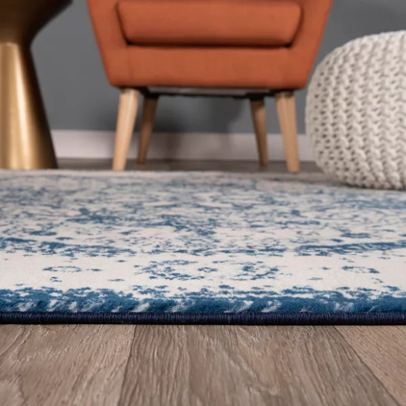 Distressed Oriental-Inspired Indoor Rug – Blue and White Medallion Pattern, Stain-Resistant, Fade-Resistant, Perfect for Traditional & French Country Décor