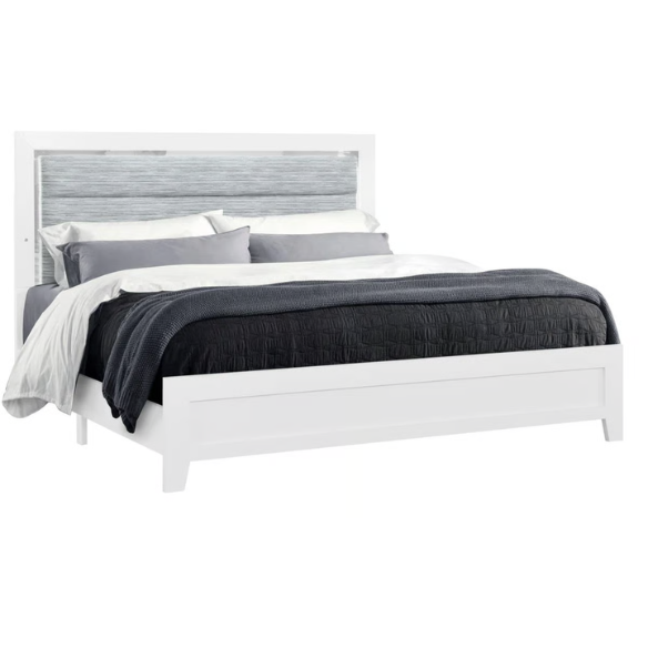 5-Piece White King Bedroom Set with LED-Backlit Upholstered Headboard, Modern Acrylic Hardware, and Plush Comfort
