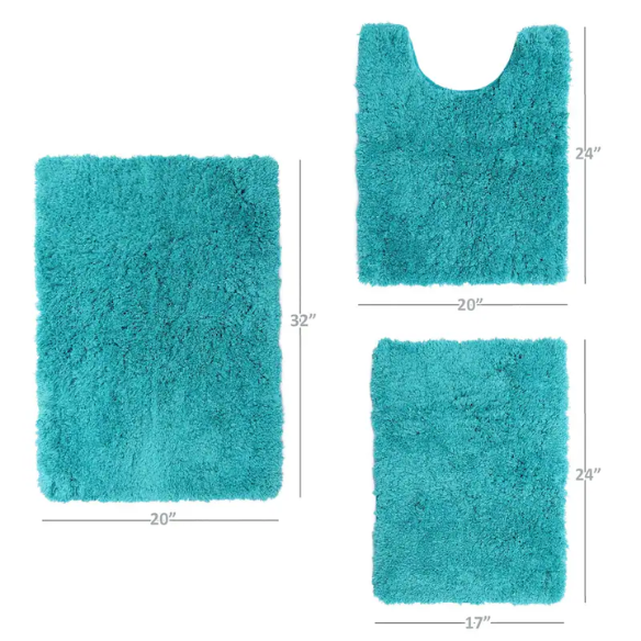 Teal Shaggy Bath Rug Set – Ultra-Soft Microfiber Non-Slip Bathroom Mat with Rubber Backing (2 or 3-Piece Set)