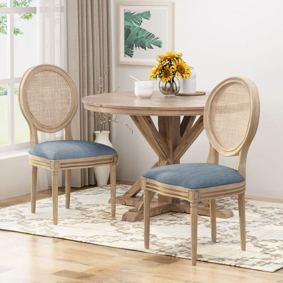 Light Denim Blue Upholstered Dining Chairs with Wicker Back and Natural Wood Frame (Set of 2) – French Country Farmhouse Accent Seating