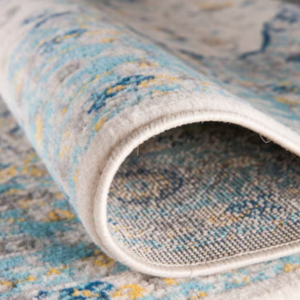 Distressed Oriental-Inspired Indoor Rug – Blue, Yellow & Cream Medallion Pattern, Stain-Resistant, Fade-Resistant, Perfect for Traditional & French Country Décor
