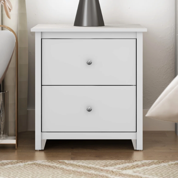 2-Drawer Nightstand – Neutral Engineered Wood, Streamlined Rectangular Design, Four Block Legs, Convenient Storage with Roller-Glide Drawers & Metal Knobs, Perfect for Traditional & Contemporary Bedroom