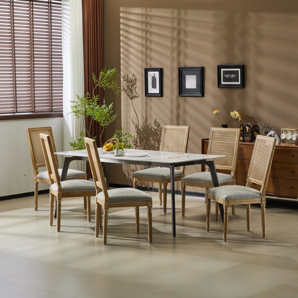 French Country Wood and Cane Upholstered Dining Chairs – Weathered Rubberwood Frame with Fluted Legs & Rectangular Cane Backrest