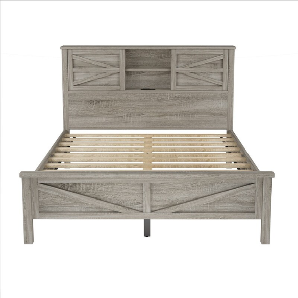 3-Piece Farmhouse Queen Bedroom Set – Platform Bed with Sliding Door Storage Headboard and Charging, Nightstand, and Dresser – Modern Design with Ample Storage