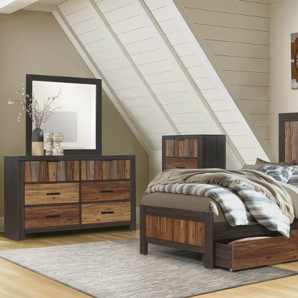 3-Piece Dark Ebony and Rustic Mahogany Modern Panel Bedroom Set – Embossed Faux-Wood Veneer, Rich Acacia Tones, and Dark Metal Hardware