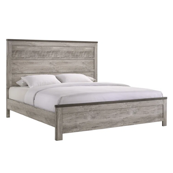 Coastal Farmhouse-Inspired King Size Bedroom Set: Distressed Whitewash Finish with Natural Brown Accents – Includes Platform Bed, 2-Drawer Nightstand, 7-Drawer Dresser with Mirror, and Optional 5-Drawer Chest for Complete Storage Solution