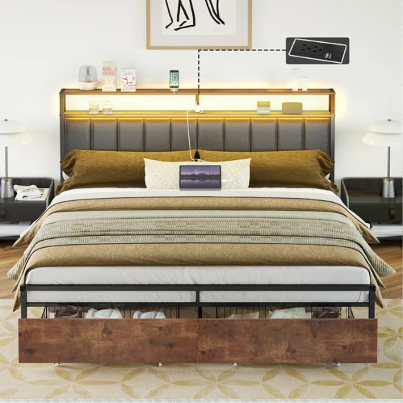 Modern LED King Size Bed Frame with Storage Drawers and Built-in Charging Station