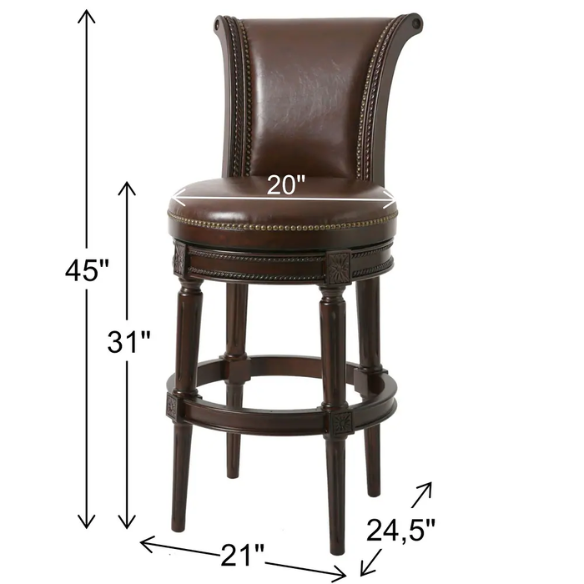 Swivel Bar-Height Stool with High Seat Back – Elegant Curved Back, 180° Automatic Return Swivel, Nail Head Trim, Metal Footrests, and Cushioned Foam Seat for Ultimate Comfort