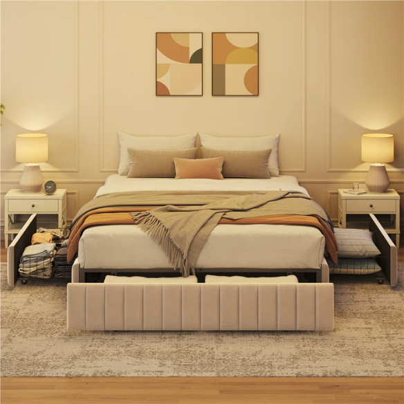 King Size Upholstered Platform Storage Bed with Velvet Fabric, Channel-Tufted Accents, and Built-In Drawers for Extra Storage