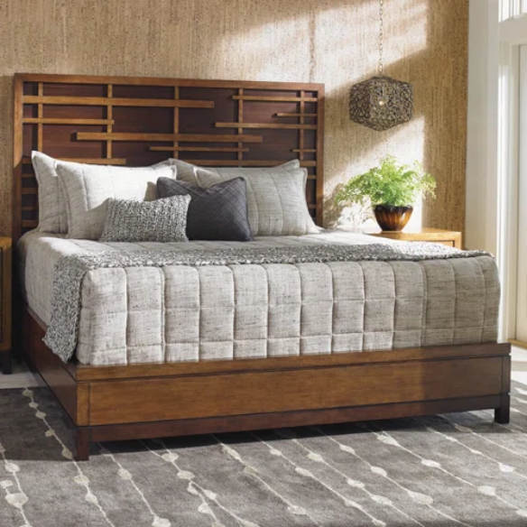 Solid Wood Standard Configurable Bedroom Set – Elegant Pan-Asian Fretwork Headboard with Dark Walnut Accents, Contrasting Back Panel, and Stylish Side Rails and Feet – Timeless Design for a Sophisticated Bedroom
