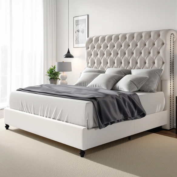 Luxurious Velvet Upholstered Sleigh Bed with Tufted Button and Gem-Accented Headboard