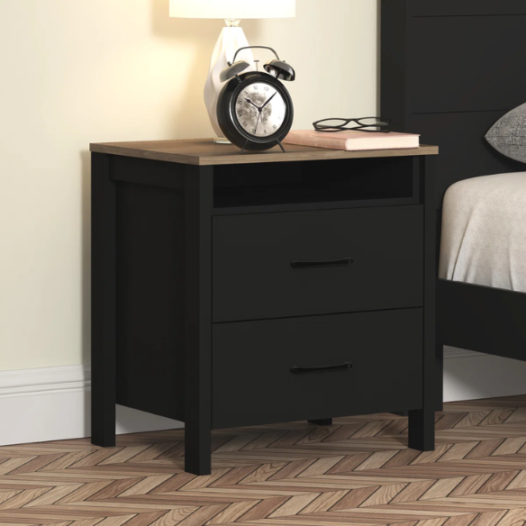 22.7" 2-Drawer Nightstand – Space-Saving Modern Minimalism, Engineered Wood with Clean-Lined Silhouette, Neutral Finish, Open Cubby & 2 Spacious Drawers for Bedroom Storage, Ideal for Tech & Accessories
